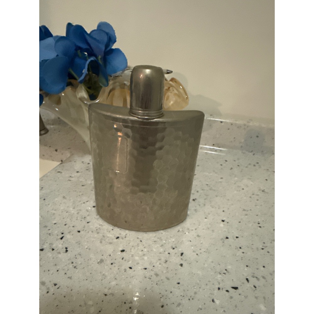 Vintage AHS Germany Hammered Pewter Hip Flask 8oz Tin Lined Kidney Shape Silver